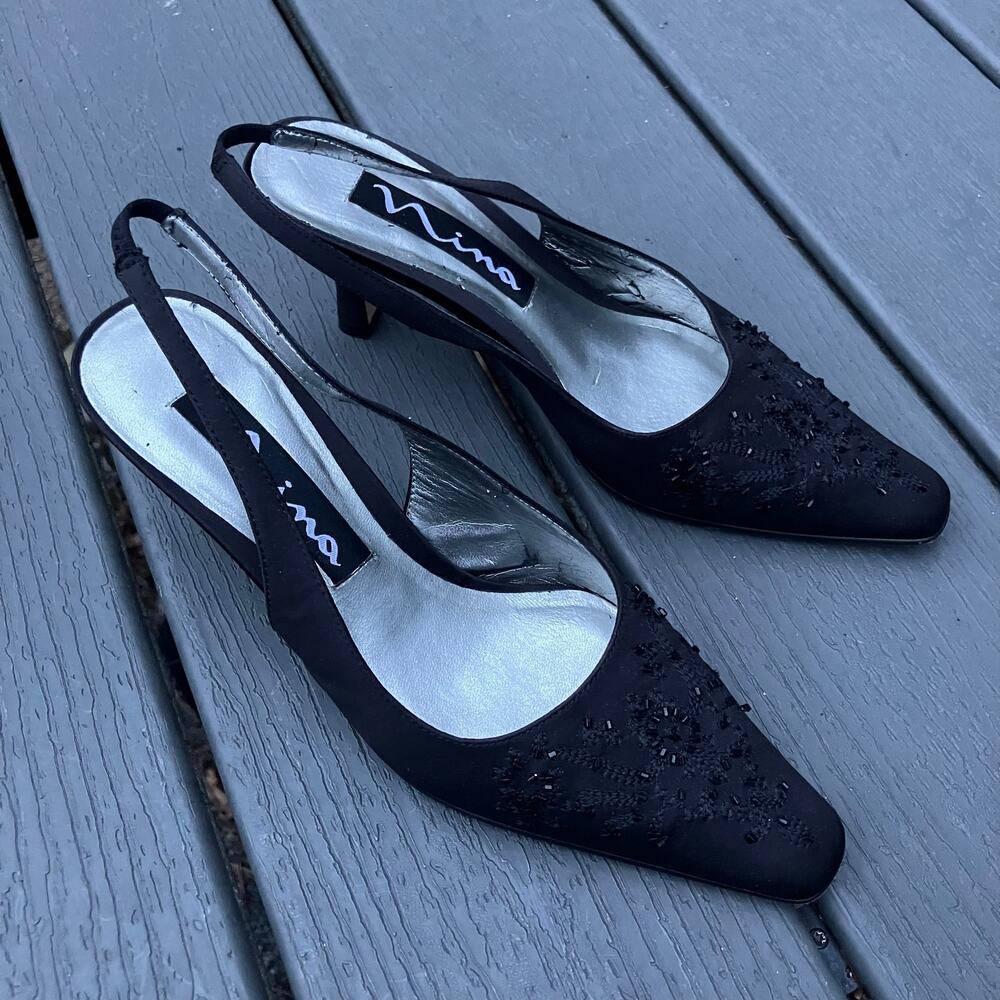 Black beaded embroidered pointed toe mid slingback heels, Y2K whimsigoth prom
